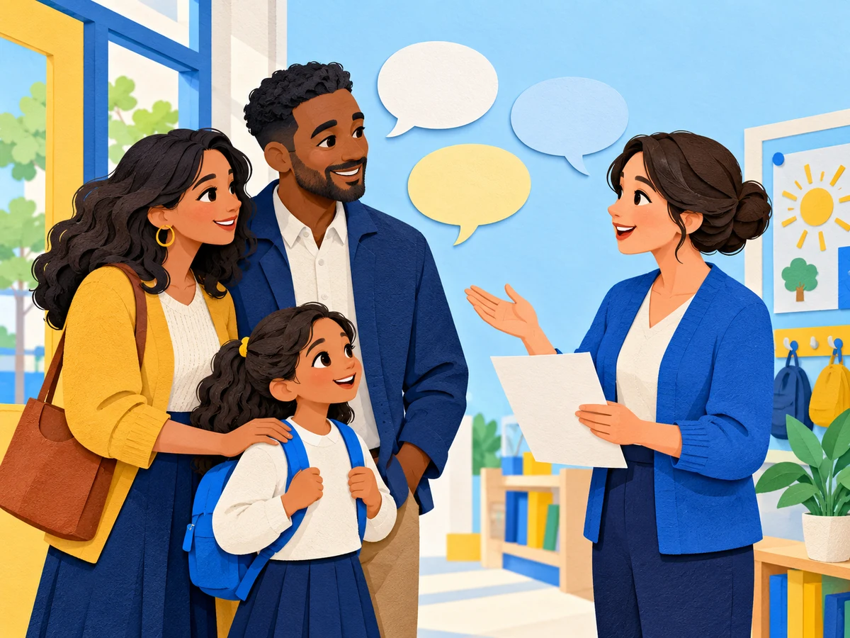 An illustrated teacher welcoming a child and family into a bright school community